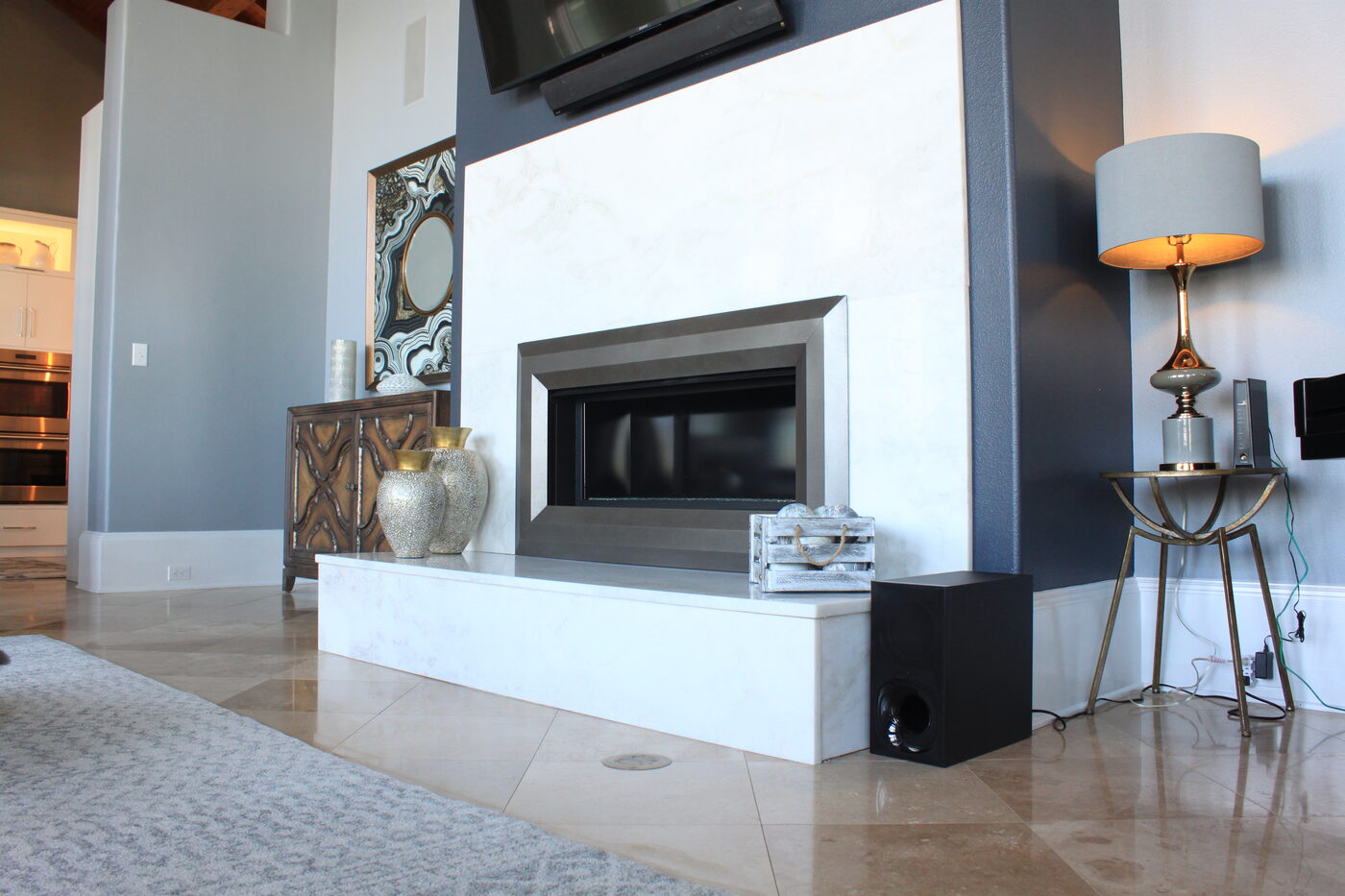 The marble surround and hearth bench seen from the living room
